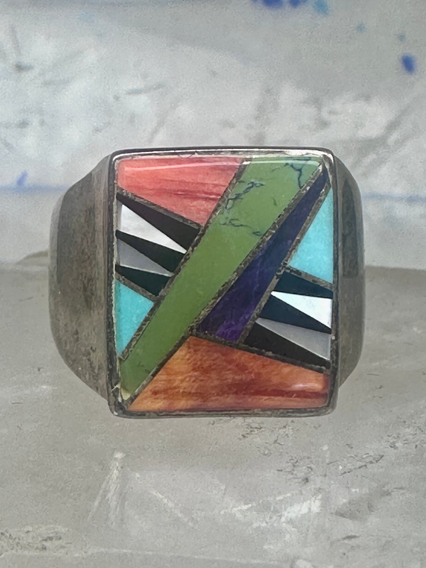 Southwestern Sterling Silver Multi-Stone Inlay Ring Size 13 - Square Geometric Segmented Band