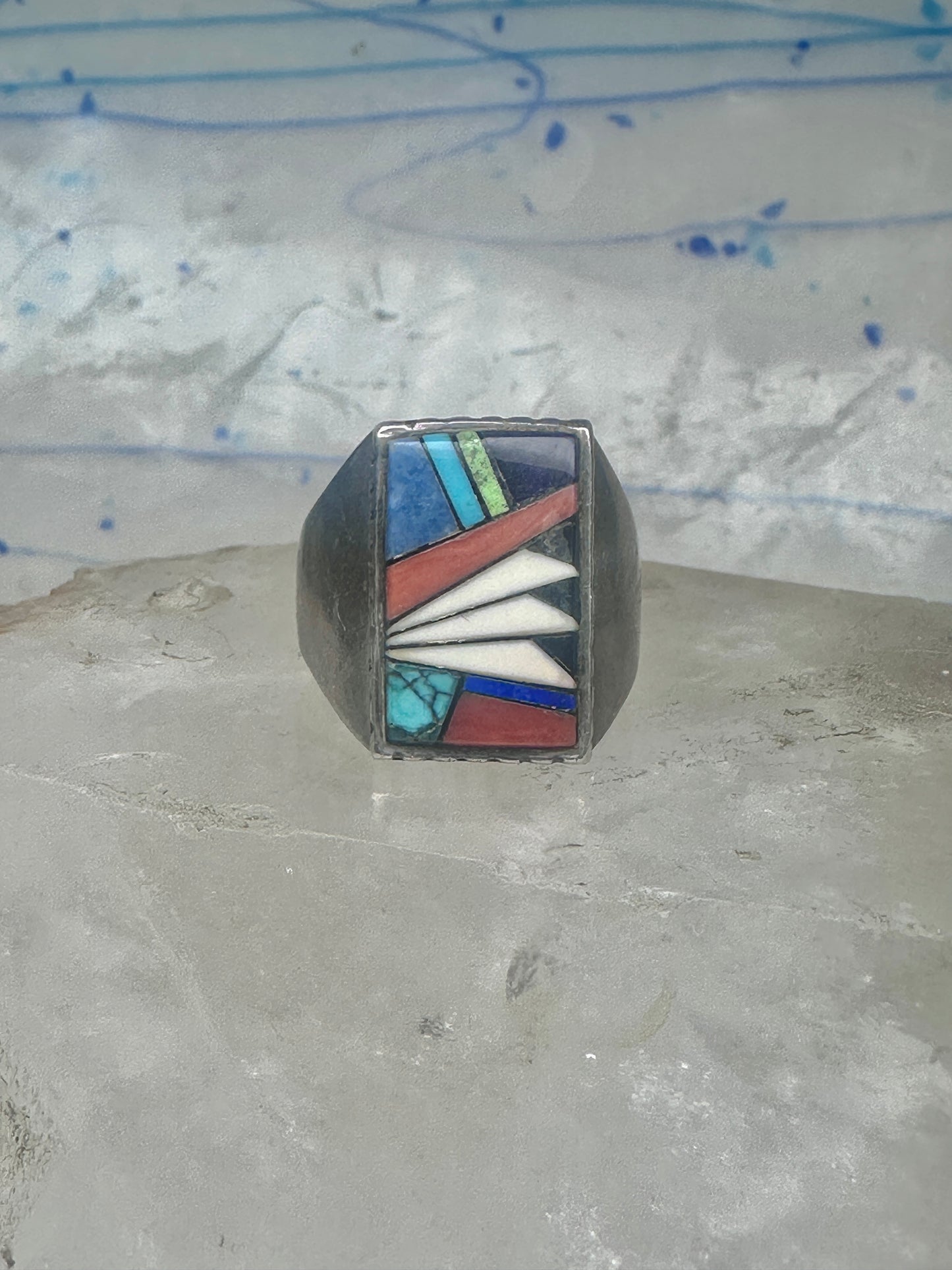 Southwestern Sterling Silver Multi-Stone Inlay Ring Size 9.75 - Rectangular Geometric Segmented Band