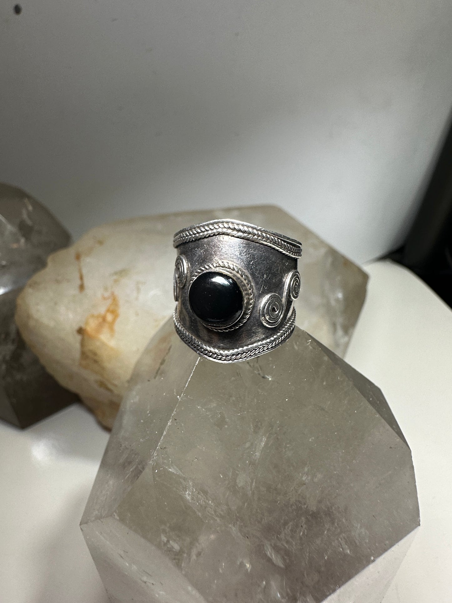 Cigar band ring onyx boho size 6.75 sterling silver women