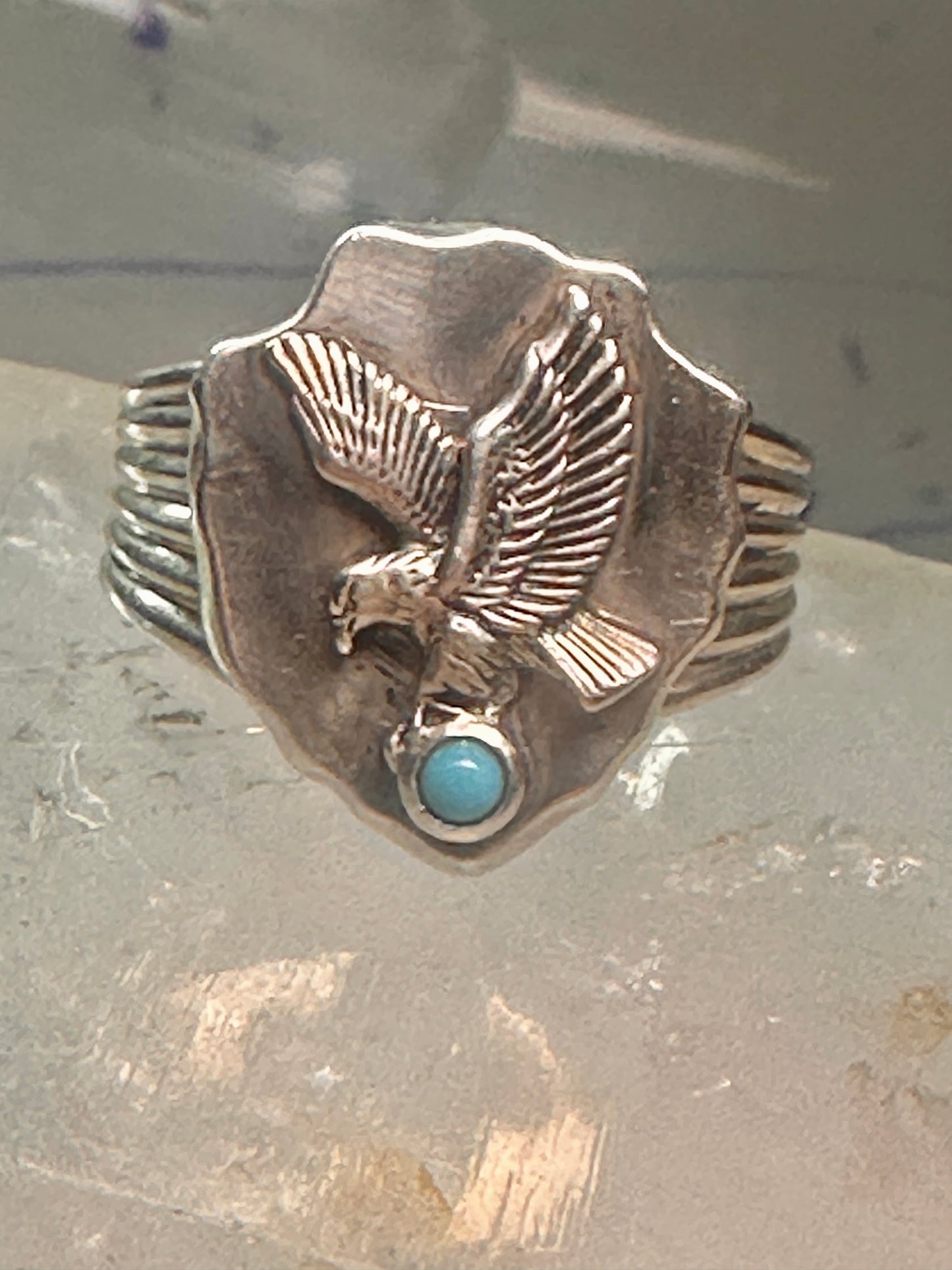 Eagle ring w arrow turquoise band southwest signed FM size 11 sterling silver men women