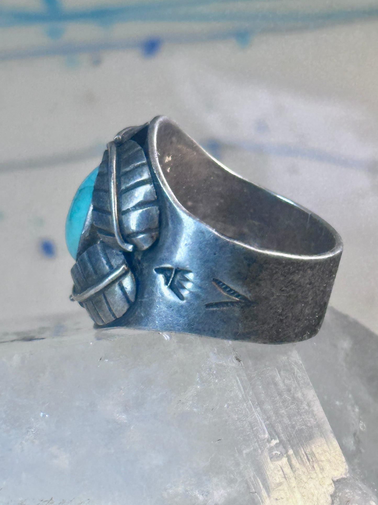 Navajo Ring Turquoise wide band leaves size 10.7 southwest sterling silver women men