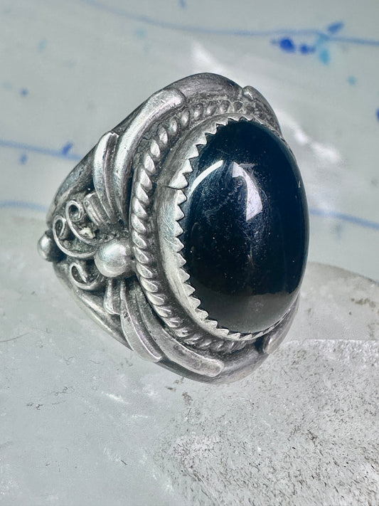 Navajo ring vintage onyx leaves band size 9.25 sterling silver women