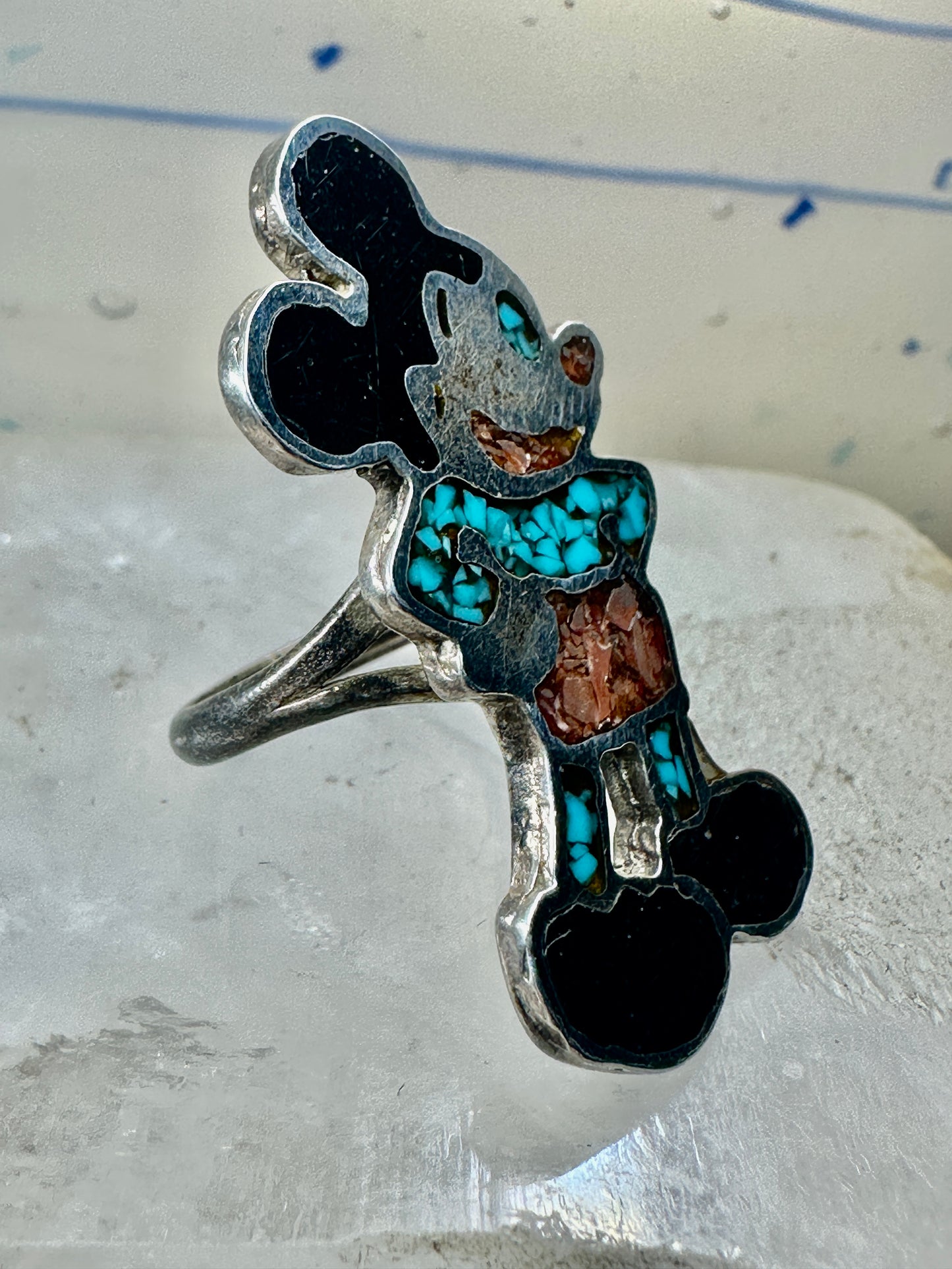 Mickey Mouse ring turquoise southwest coral chips size 6 sterling silver women