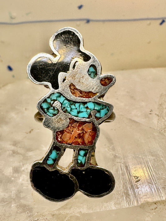 Mickey Mouse ring turquoise southwest coral chips size 6 sterling silver women