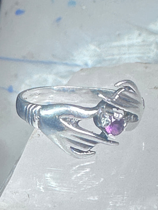 Hands ring holding stone red pinkish vintage size 7 sterling silver women girls