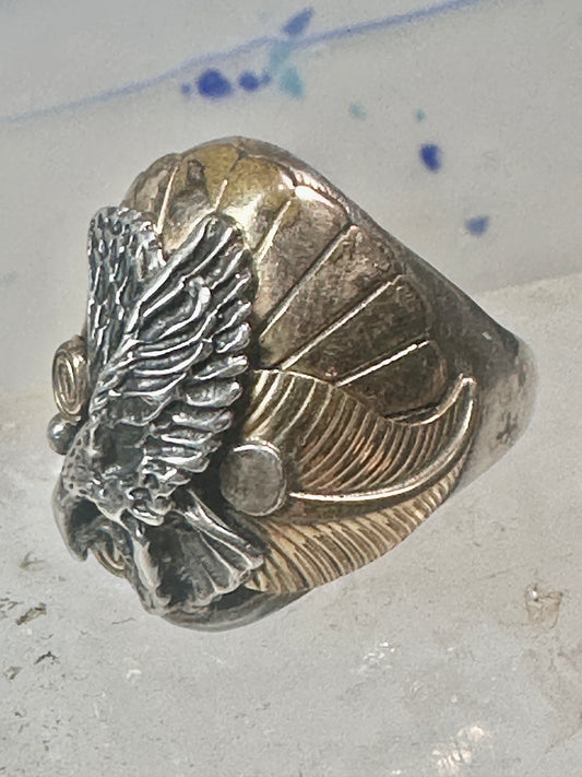 Navajo Eagle ring size 12 sterling silver women men (unknown gold over feathers)