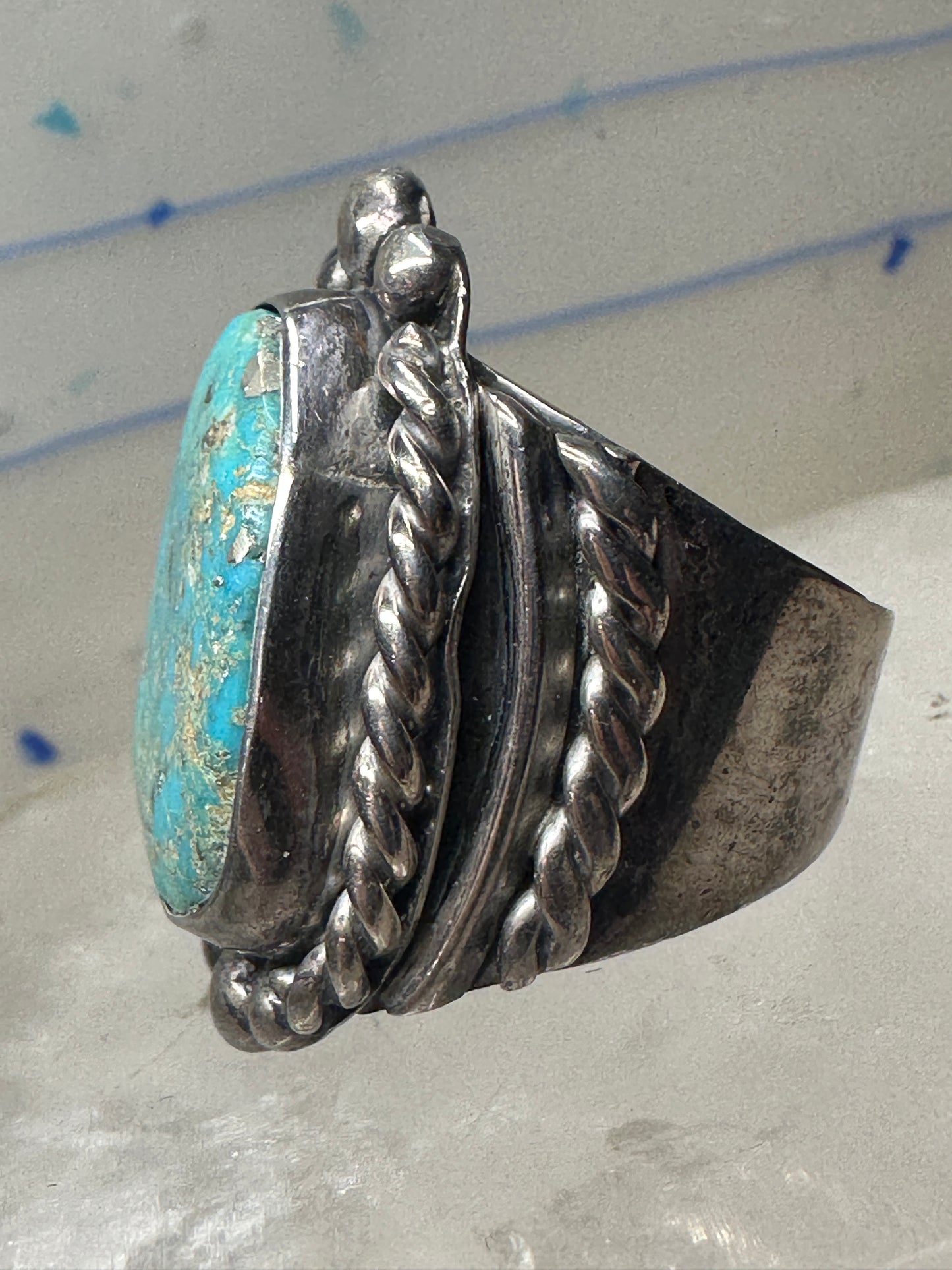 Turquoise ring Navajo Heavy wide band rope size 10 sterling silver men women