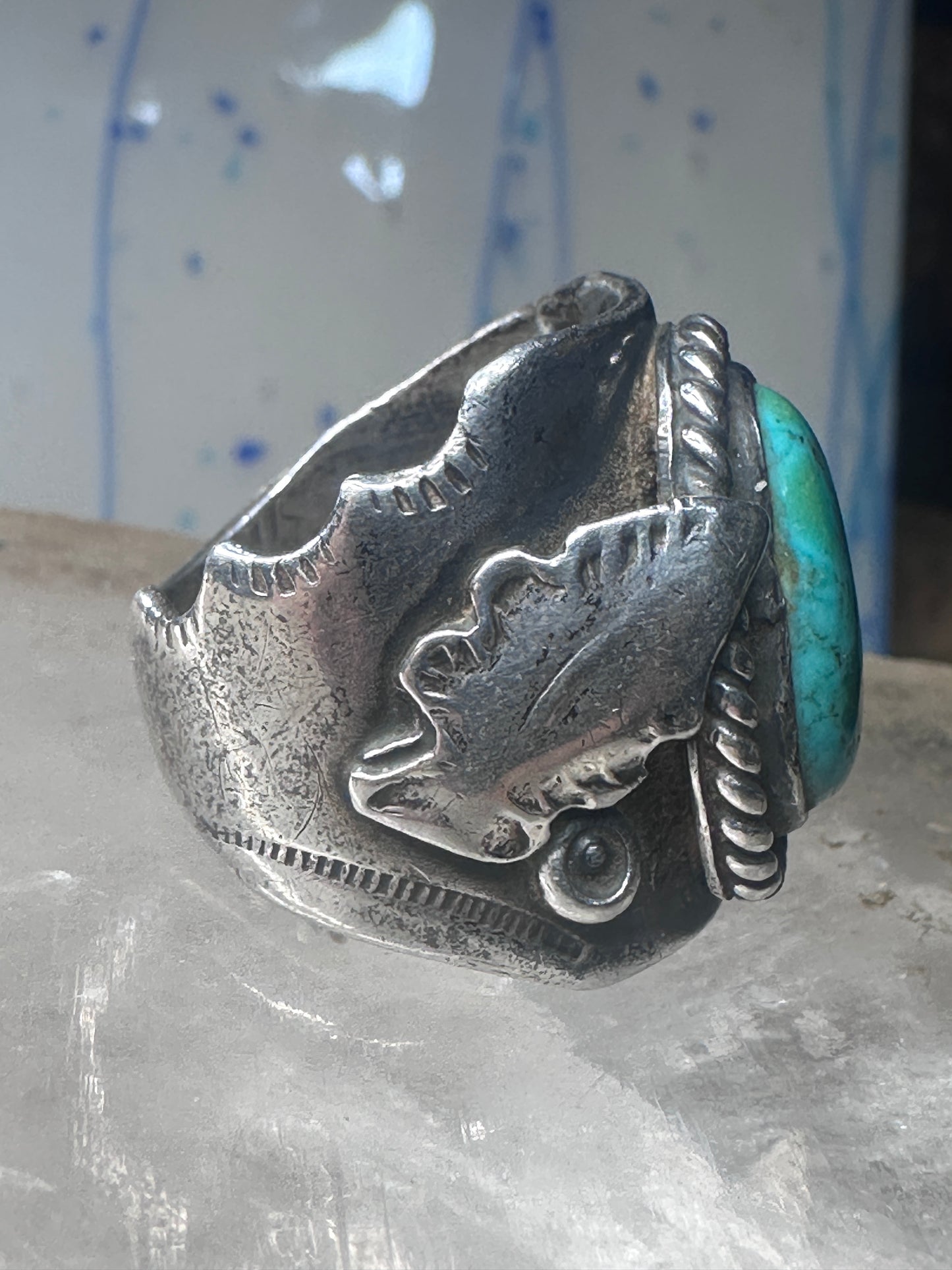 Navajo ring Turquoise cigar band leaves size 9 sterling silver women men
