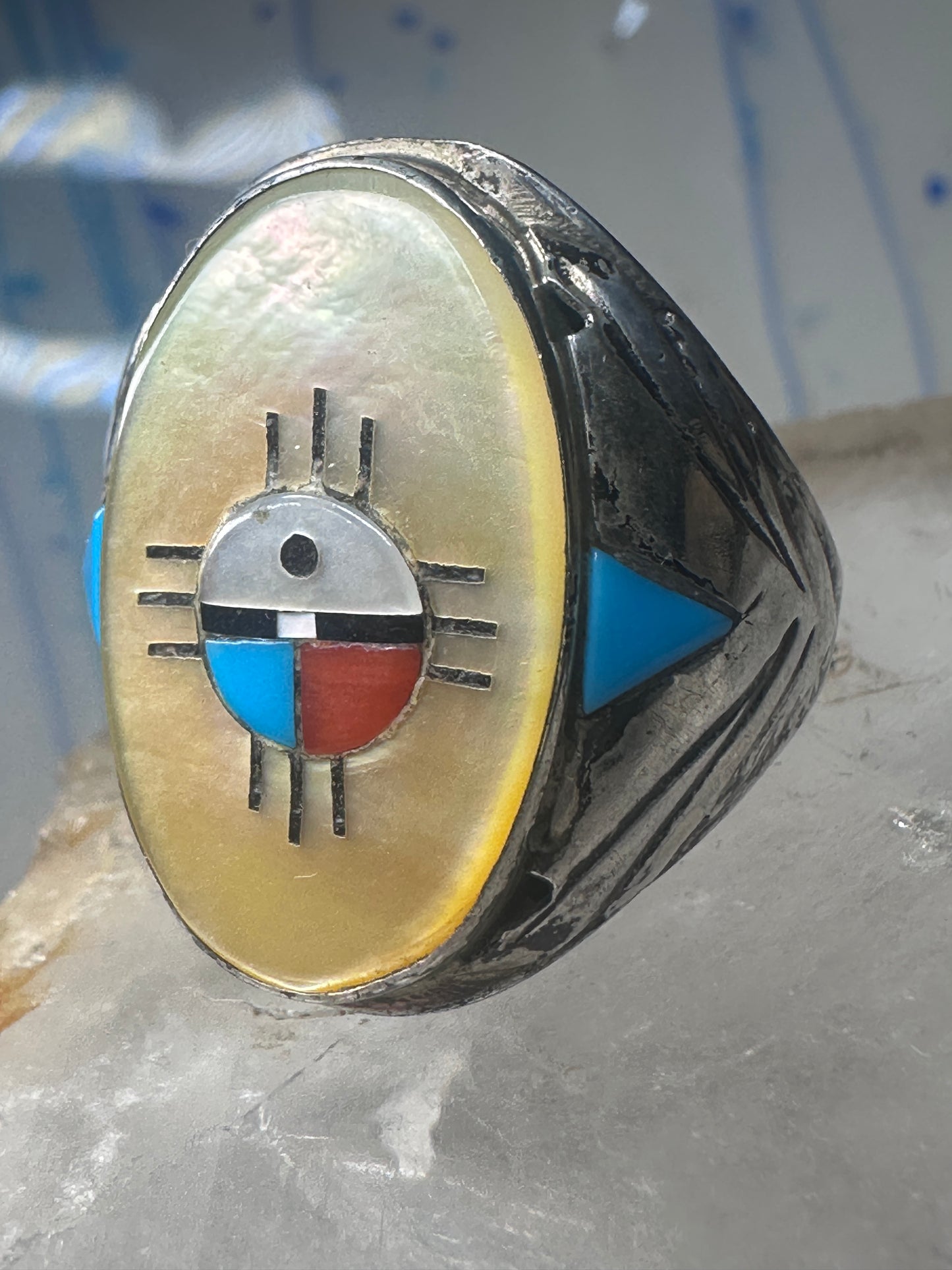 Zuni ring Turquoise Sun Face MOP coral band size 11.25 sterling silver women men