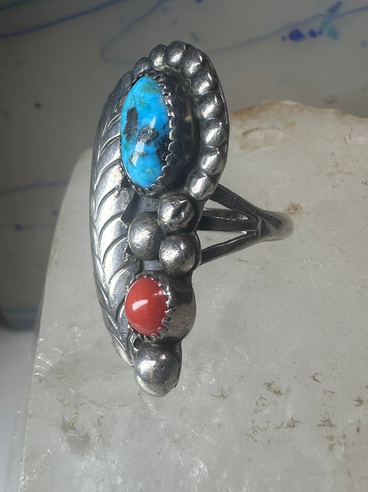 Turquoise coral ring size 6 Navajo feather sterling silver women