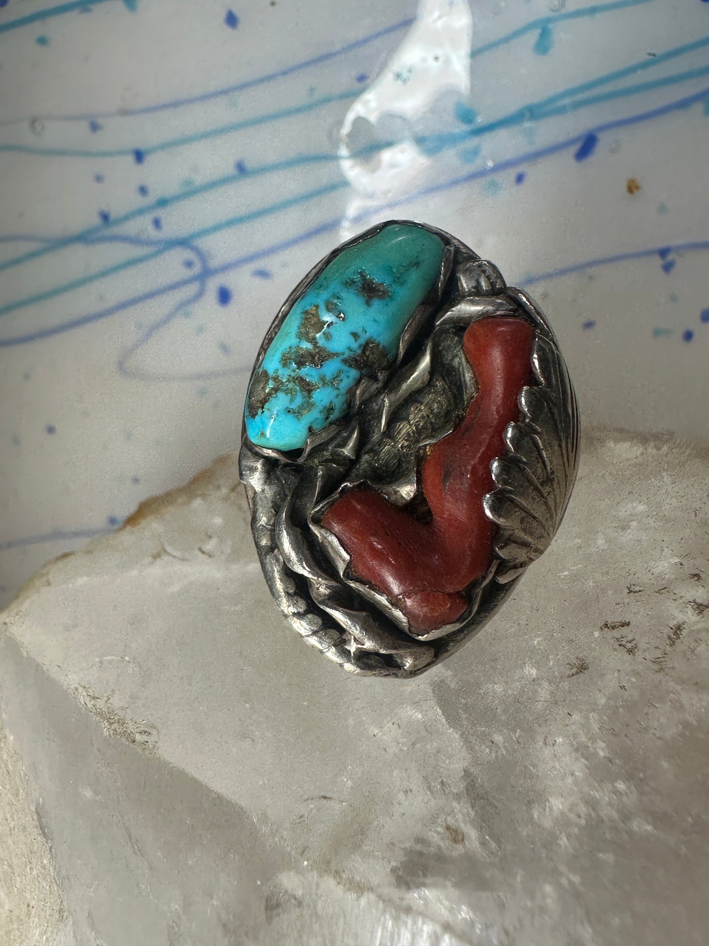 Navajo ring Turquoise Coral heavy band size 10 sterling silver women men