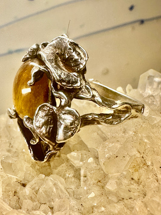 Vintage Tiger Eye ring size 4.75 floral leaves art nouveau vines sterling silver women