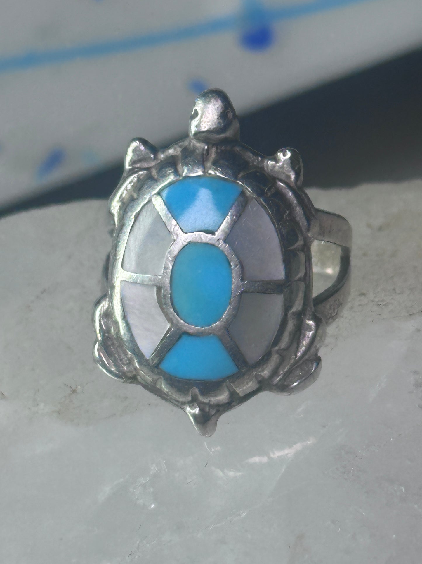 Navajo turtle Ring turquoise mop band size 7.50 sterling silver women girls
