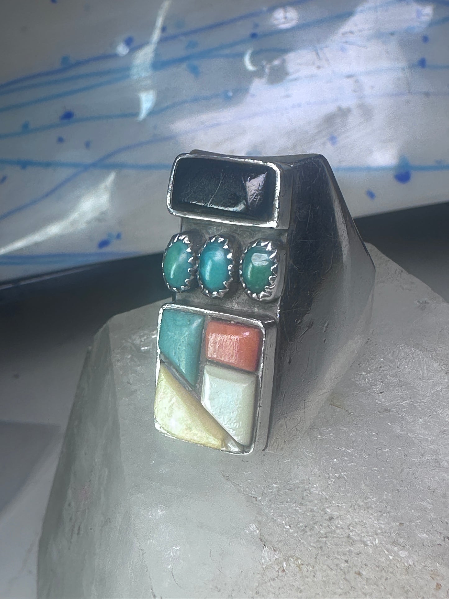 Navajo Ring turquoise coral onyx mop band size 11 sterling silver men