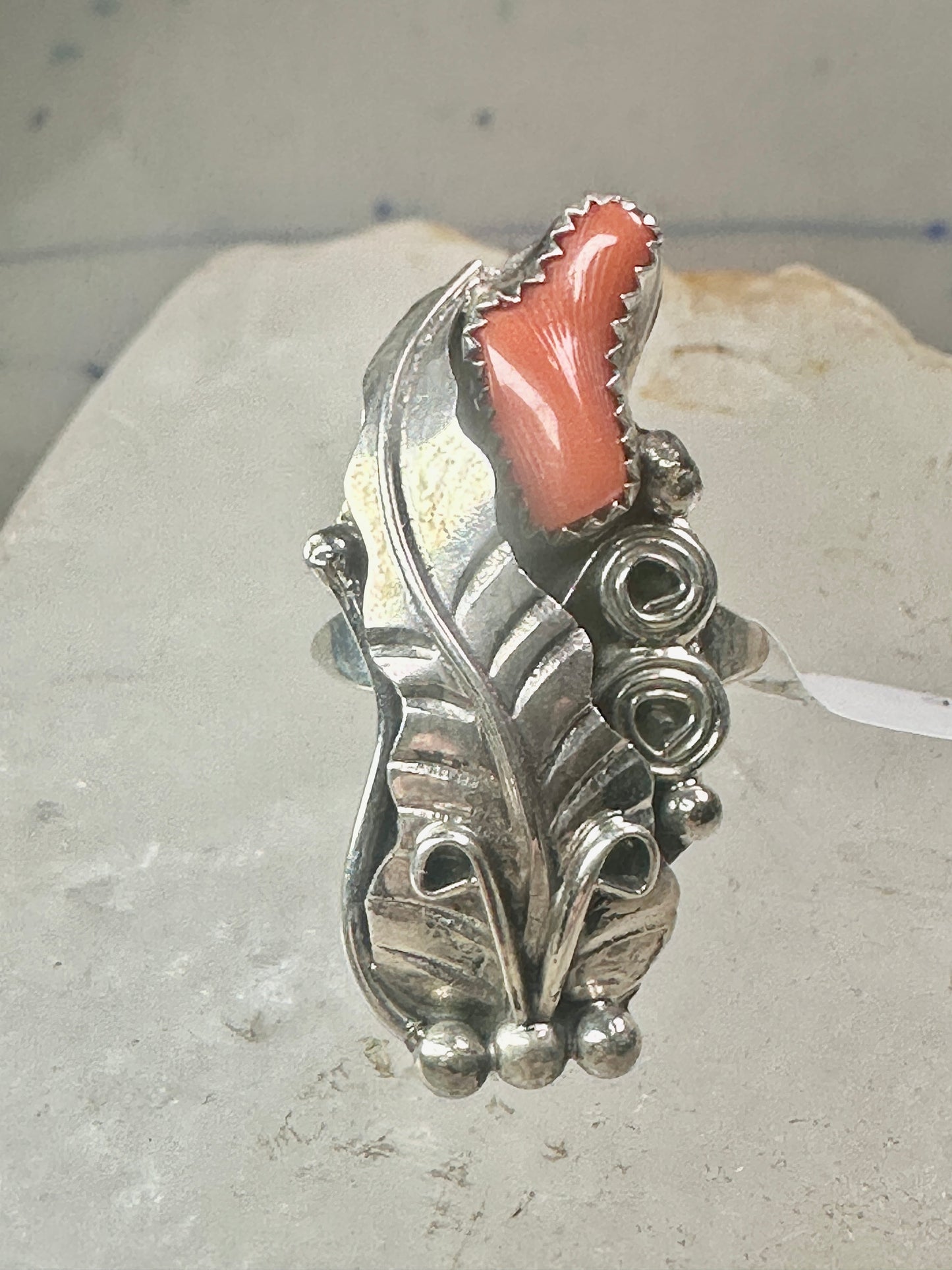 Navajo ring coral feather size 5.50 Rolanda Martinez sterling silver women