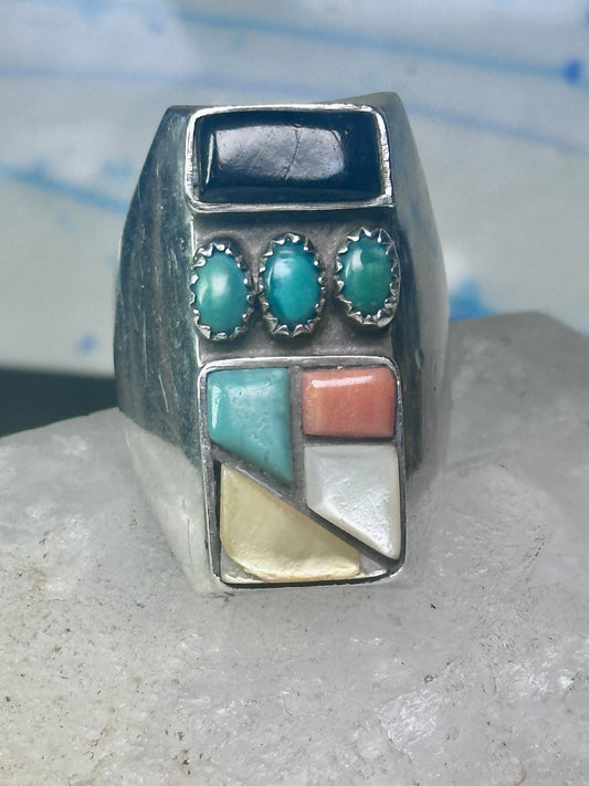 Navajo Ring turquoise coral onyx mop band size 11 sterling silver men