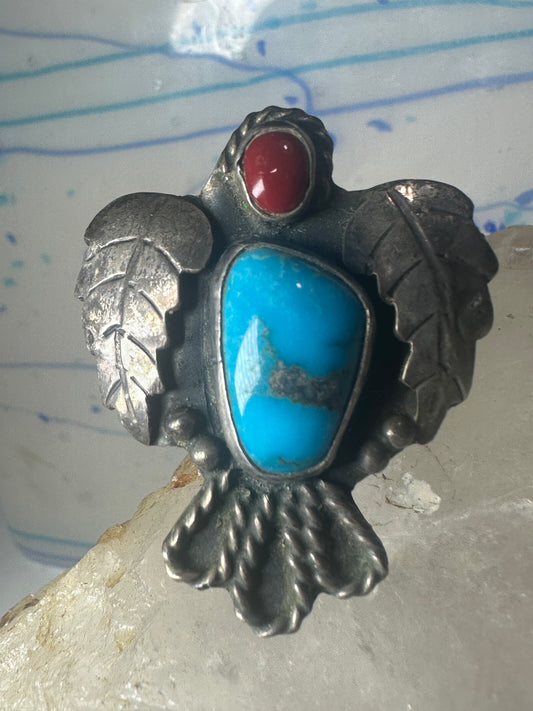 Phoenix ring Navajo turquoise coral size 9 sterling silver women