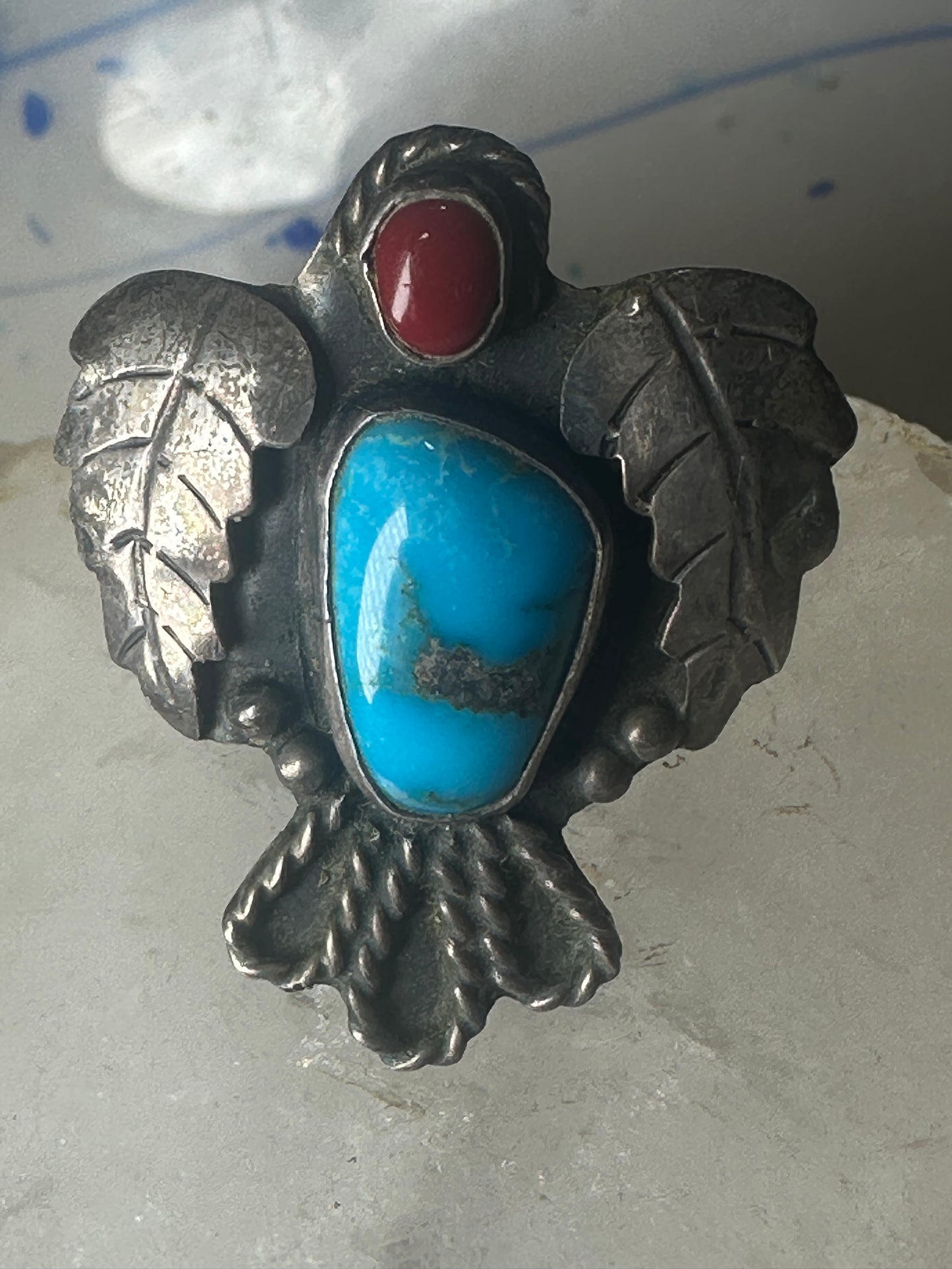 Phoenix ring Navajo turquoise coral size 9 sterling silver women