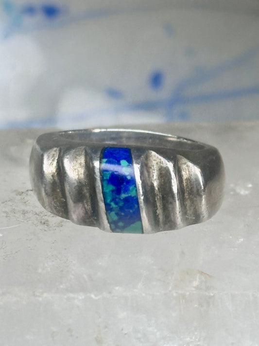 Vintage Mexican Sterling Silver Azurite Inlay Heavy Band Ring Size 8.25