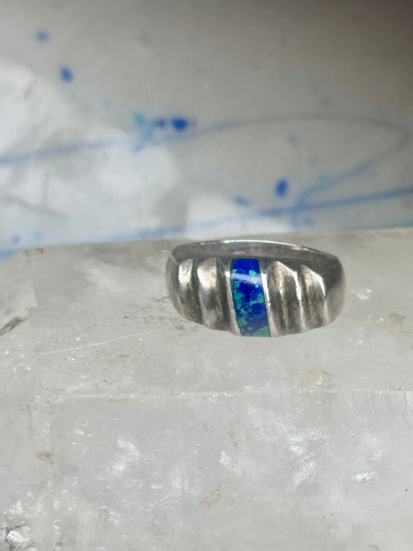 Vintage Mexican Sterling Silver Azurite Inlay Heavy Band Ring Size 8.25