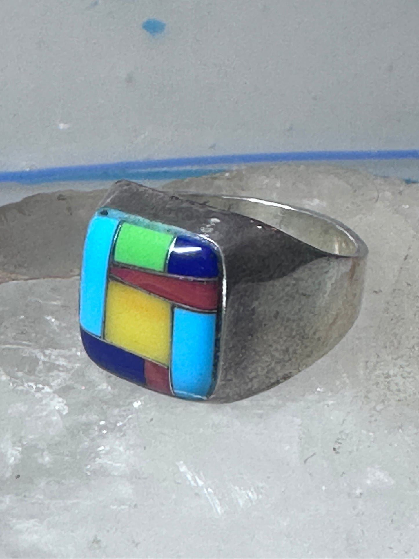 Turquoise ring Zuni inlay coral sterling silver size 9 women men