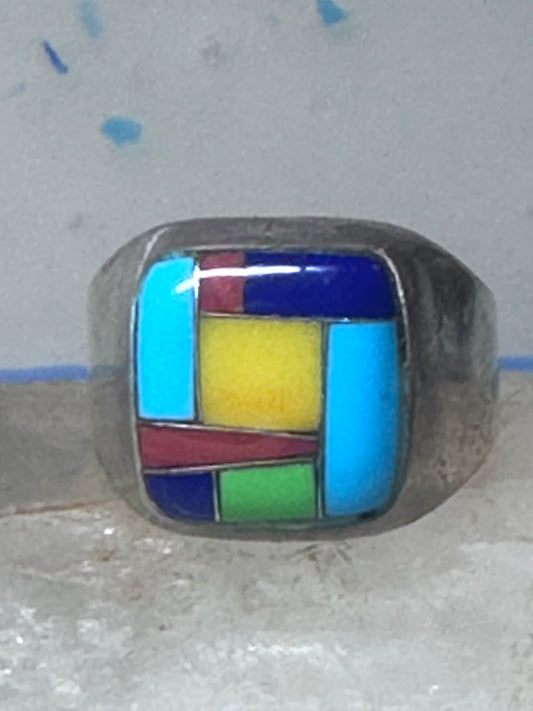 Turquoise ring Zuni inlay coral sterling silver size 9 women men