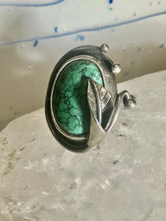 Turquoise ring size 5.75 Art Deco Nouveau lily leaf sterling silver women
