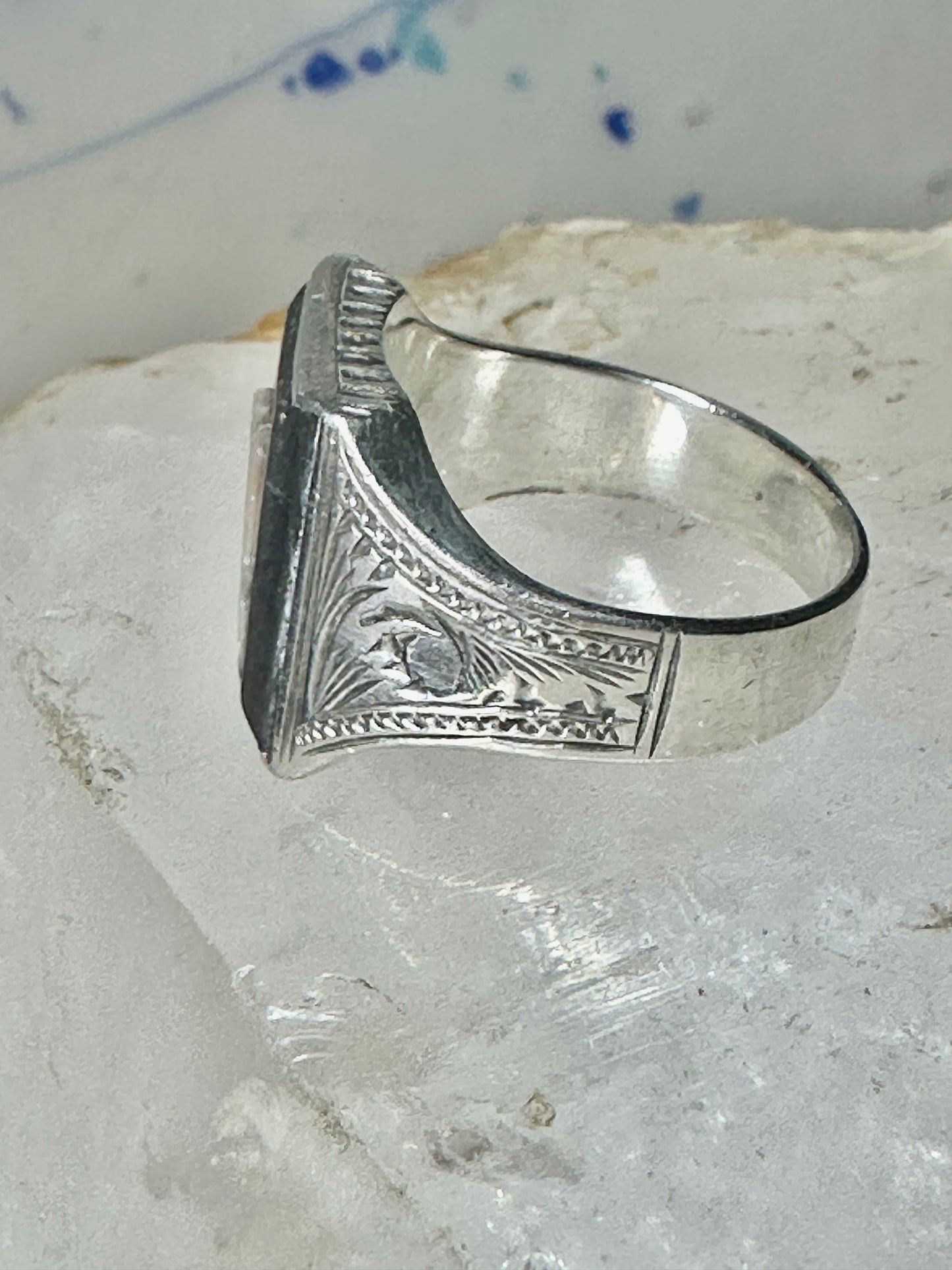 Masonic ring Mother of pearl Mason carved compass size 8.50 sterling silver women men