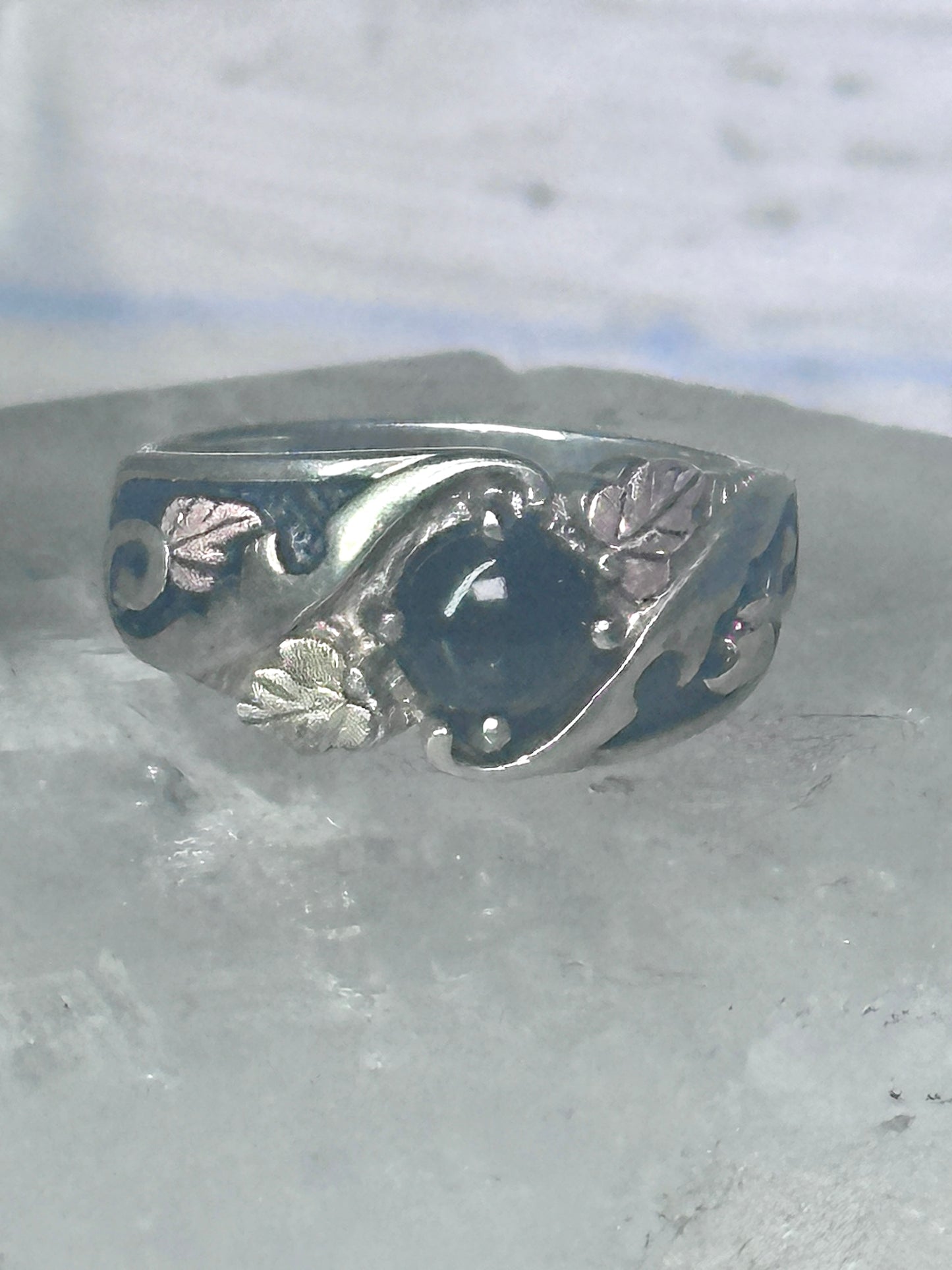 Black Hills Gold Ring onyx wedding leaves band size 6 sterling silver men women