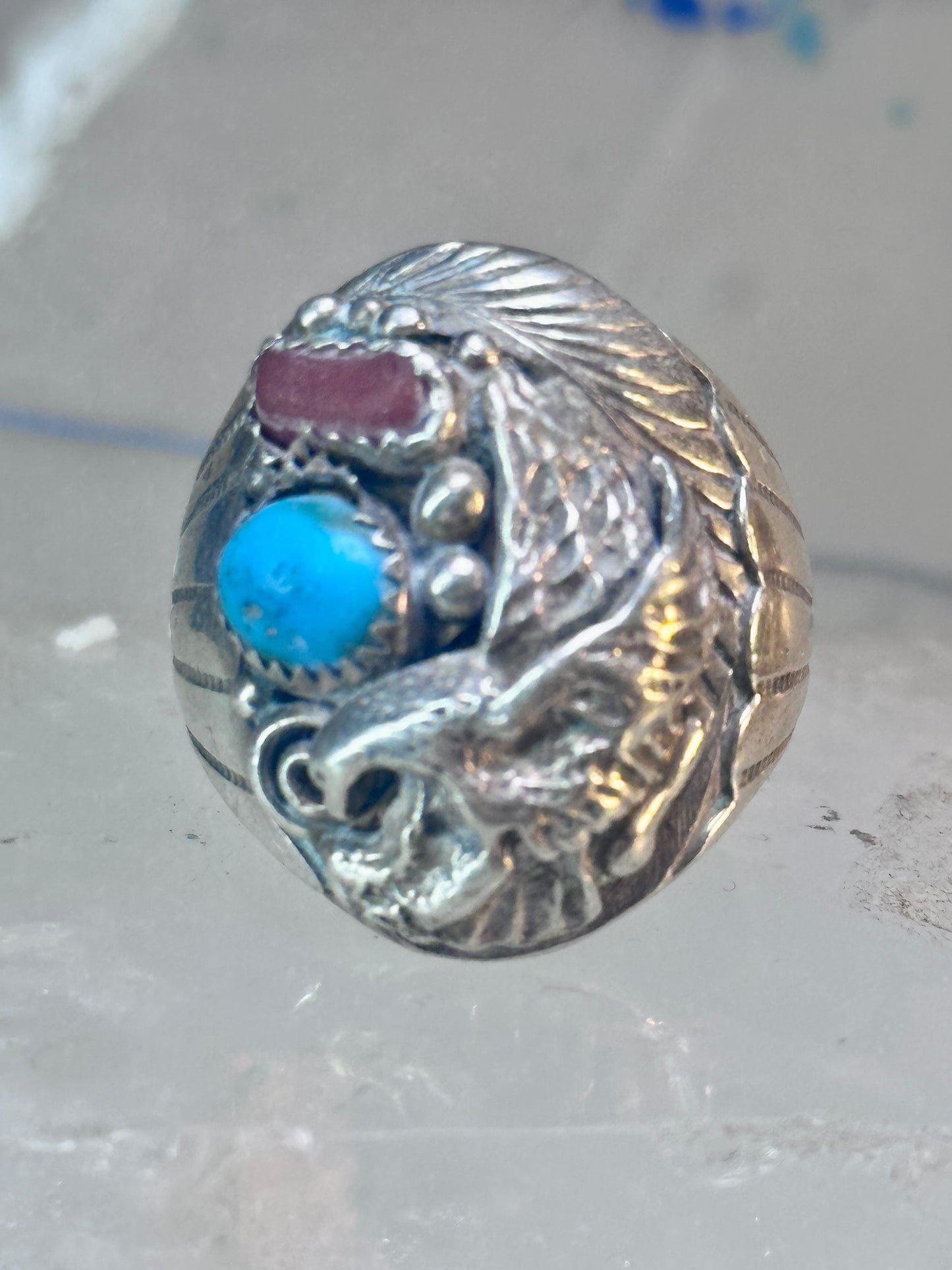 Eagle ring southwest turquoise coral southwest sterling silver size 11.75 women men