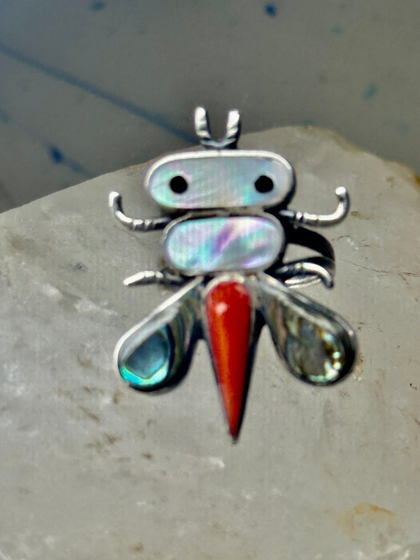 Dragonfly ring Native American Abalone coral MOP band size 4.7 sterling silver women girls