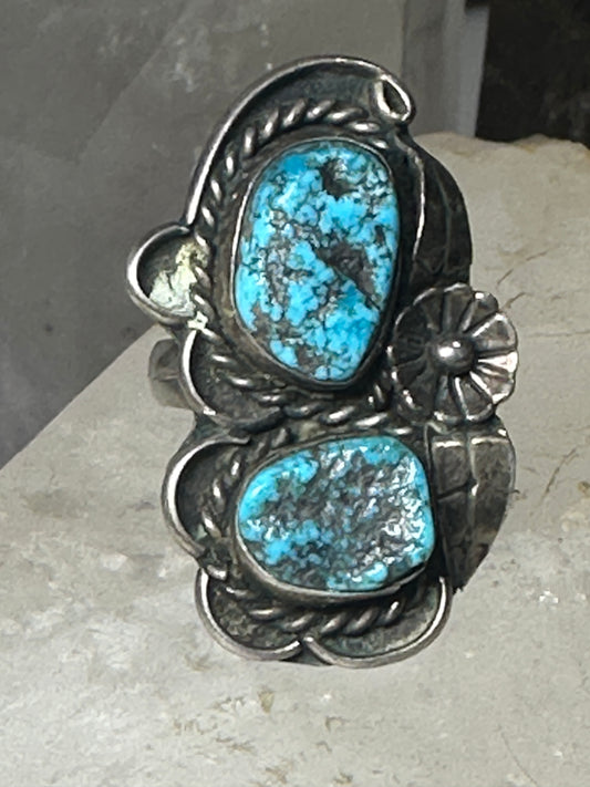 Turquoise ring size 7 Navajo squash blossom design southwest long sterling silver women