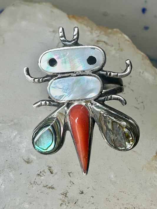 Dragonfly ring Native American Abalone coral MOP band size 4.7 sterling silver women girls