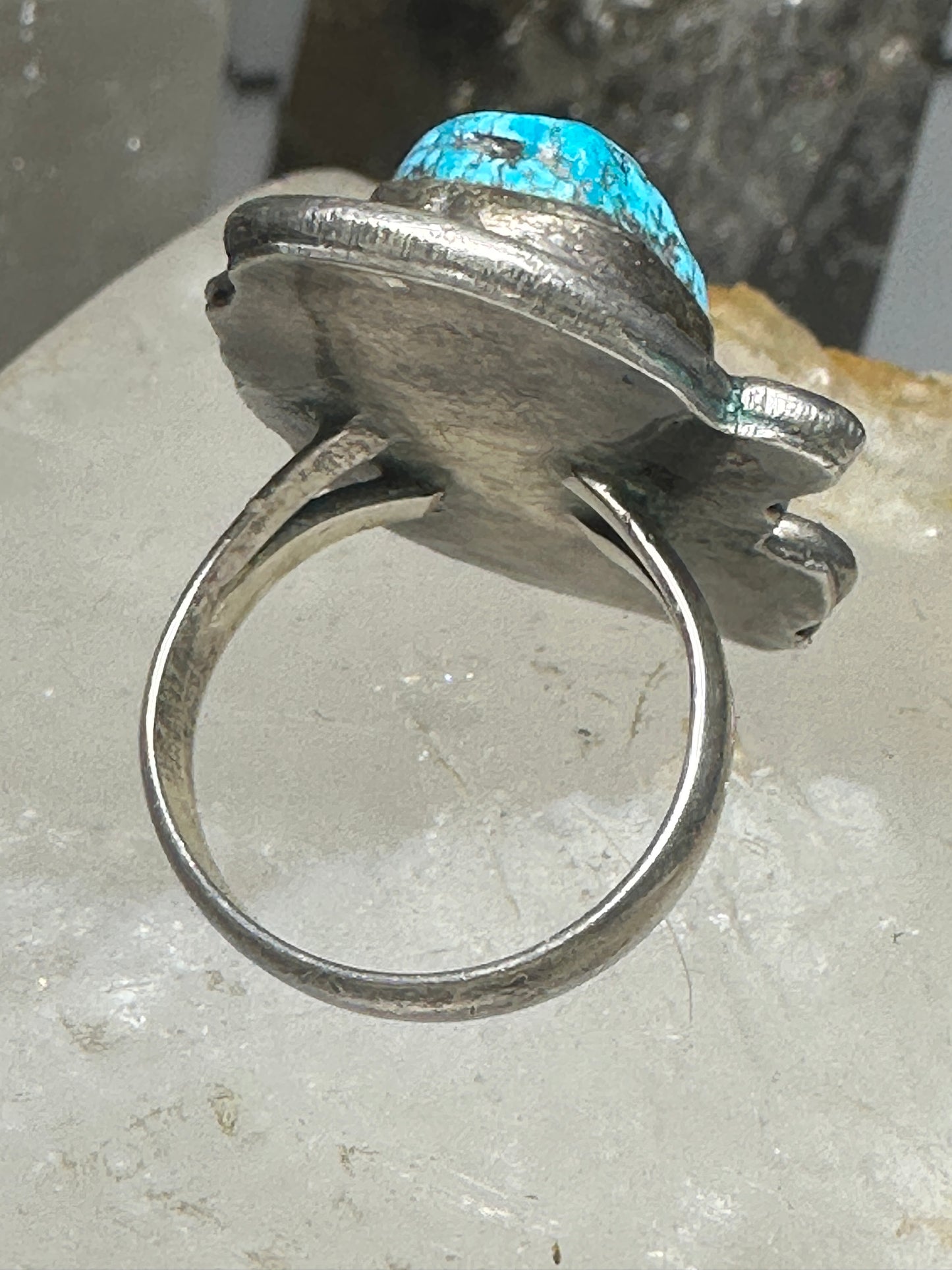 Turquoise ring size 7 Navajo squash blossom design southwest long sterling silver women