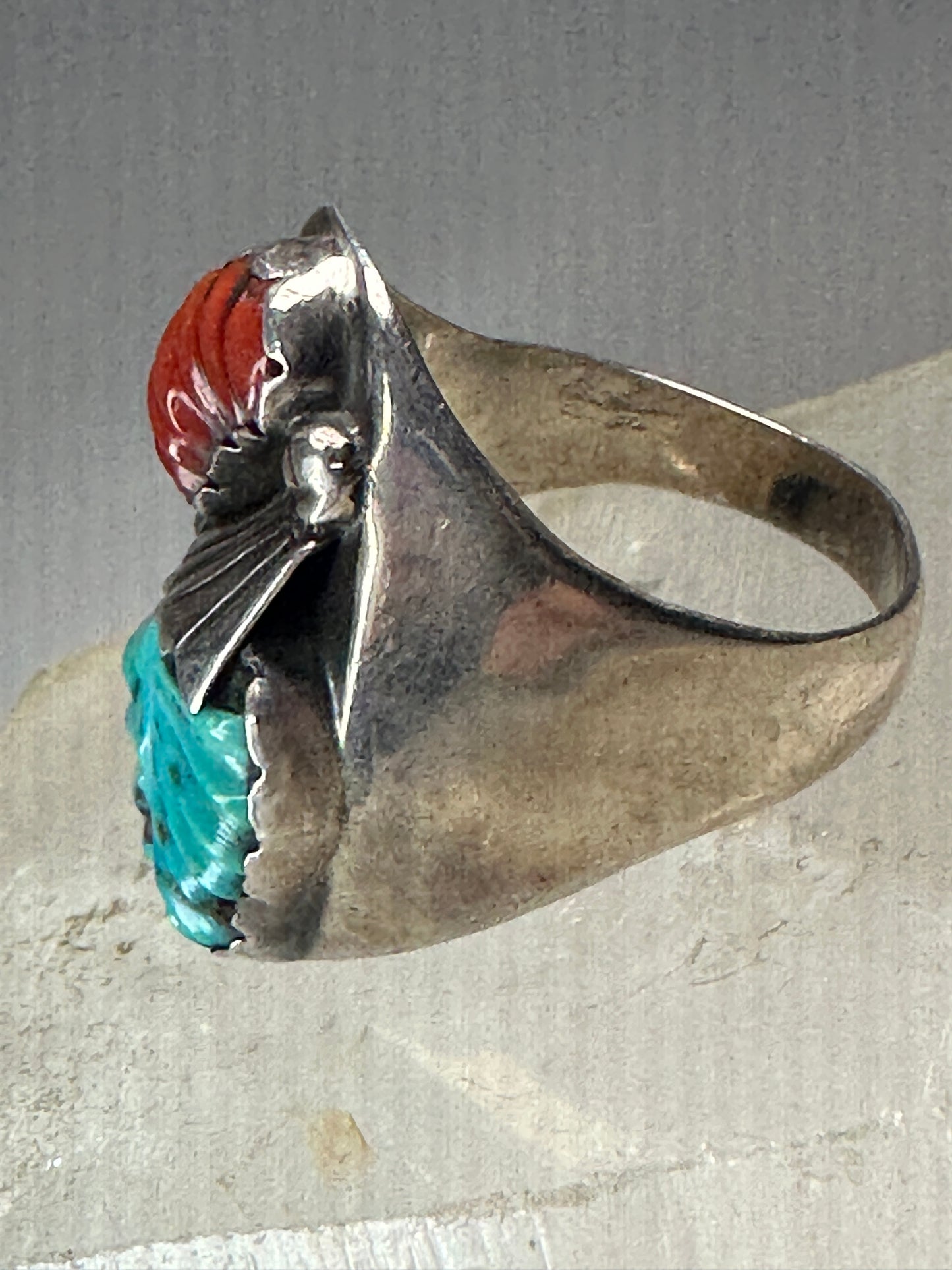 Navajo ring turquoise carved leaves coral size 14.25 Sterling Silver women men