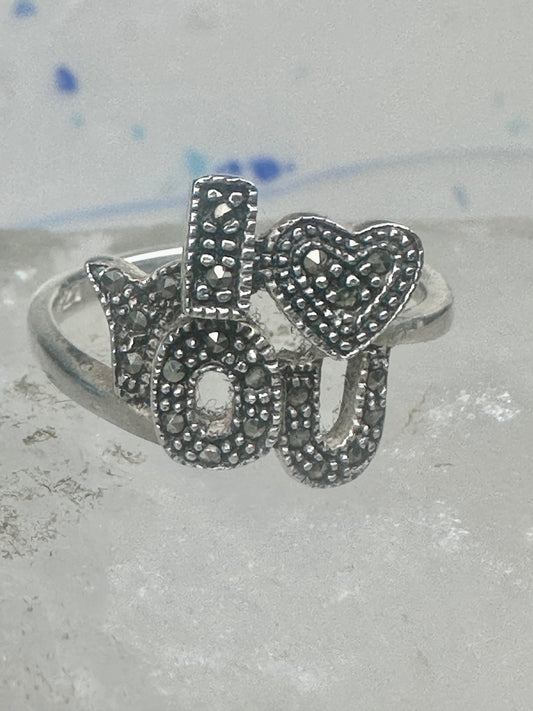 Vintage Sterling Silver Marcasite "I Love You" Script Ring Size 9