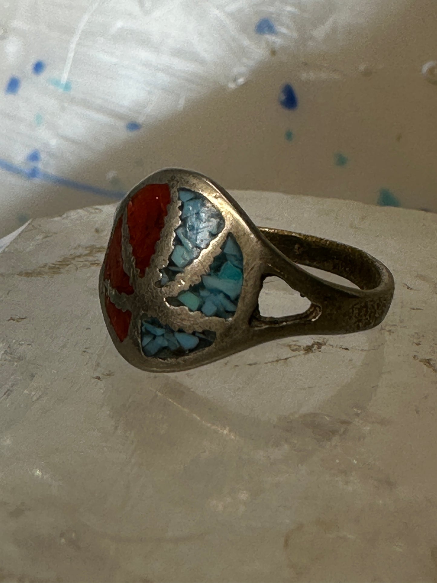 Marijuana leaf ring size 5.75 turquoise chips coral sterling silver women