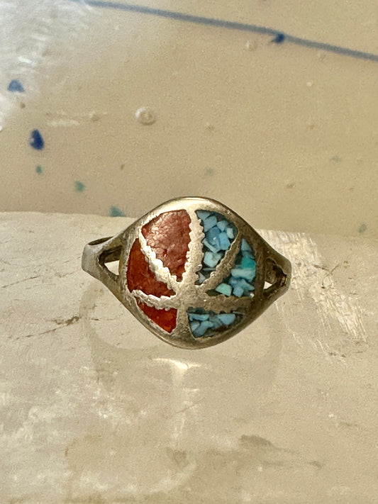 Marijuana leaf ring size 5.75 turquoise chips coral sterling silver women