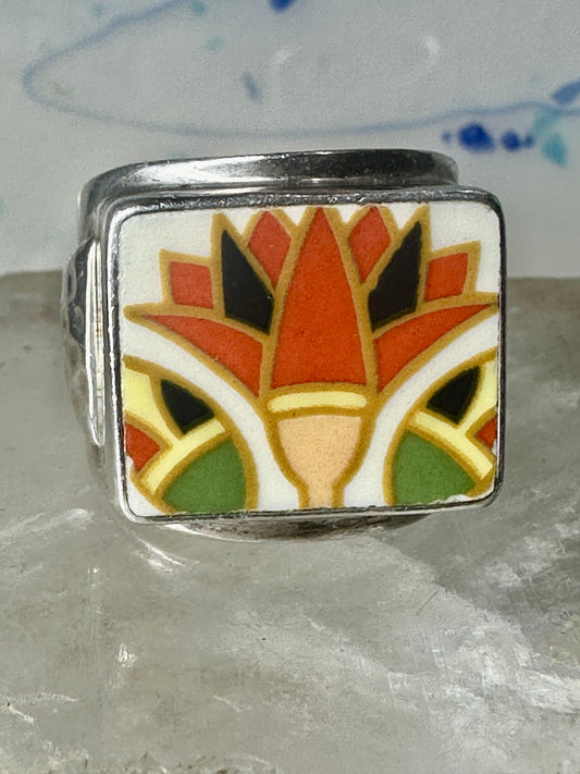 Maisels Trading Post Porcelain Tile Flower ring heavy Arrows band size 8.75 sterling silver women girls