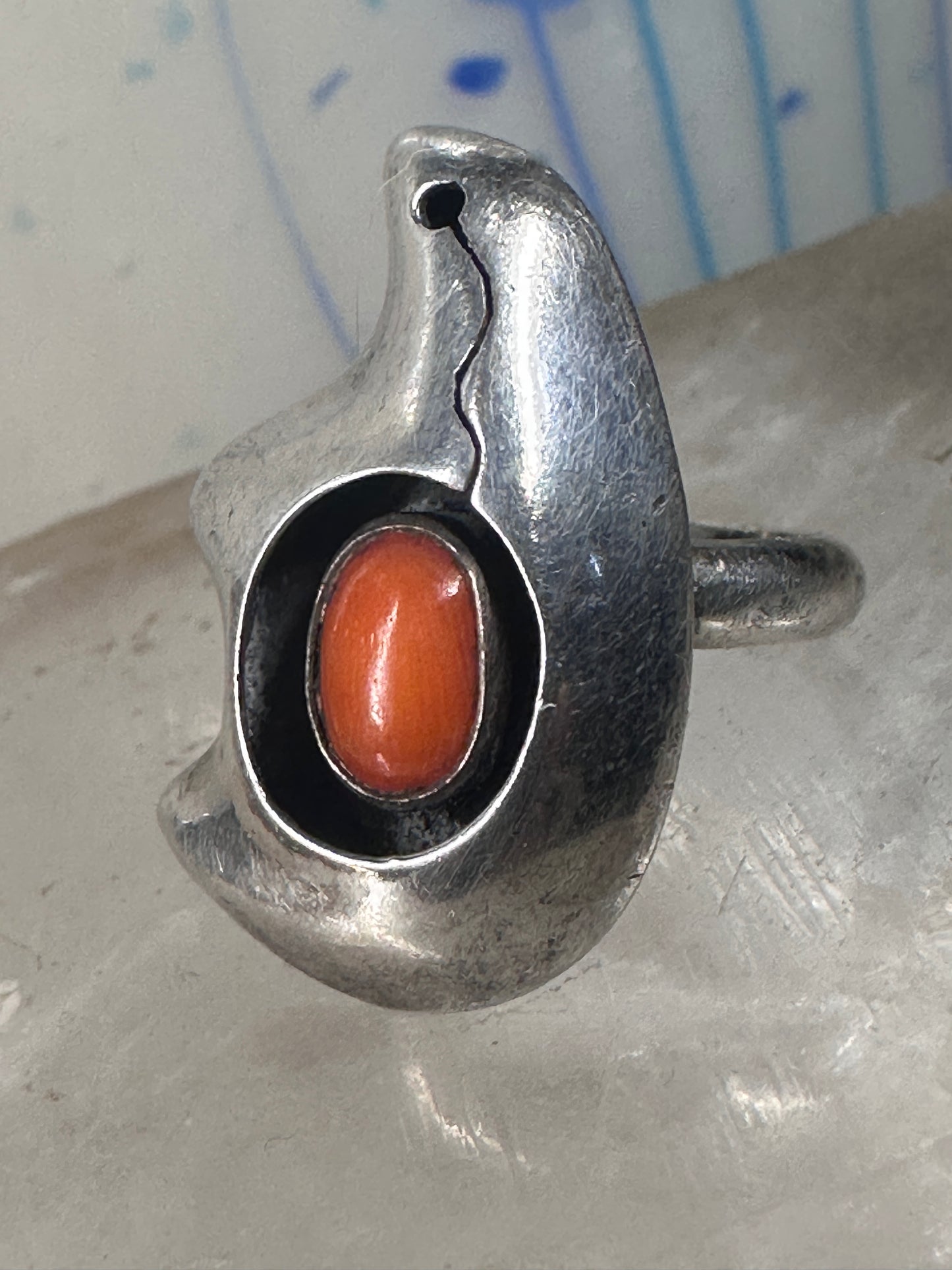 Bear ring Coral band Size 6 Southwest tribal Sterling Silver women