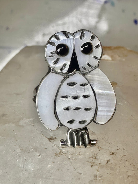 Owl ring snowy Zuni Mother of pearl size 6.5 by Reginda Kallestewa sterling silver