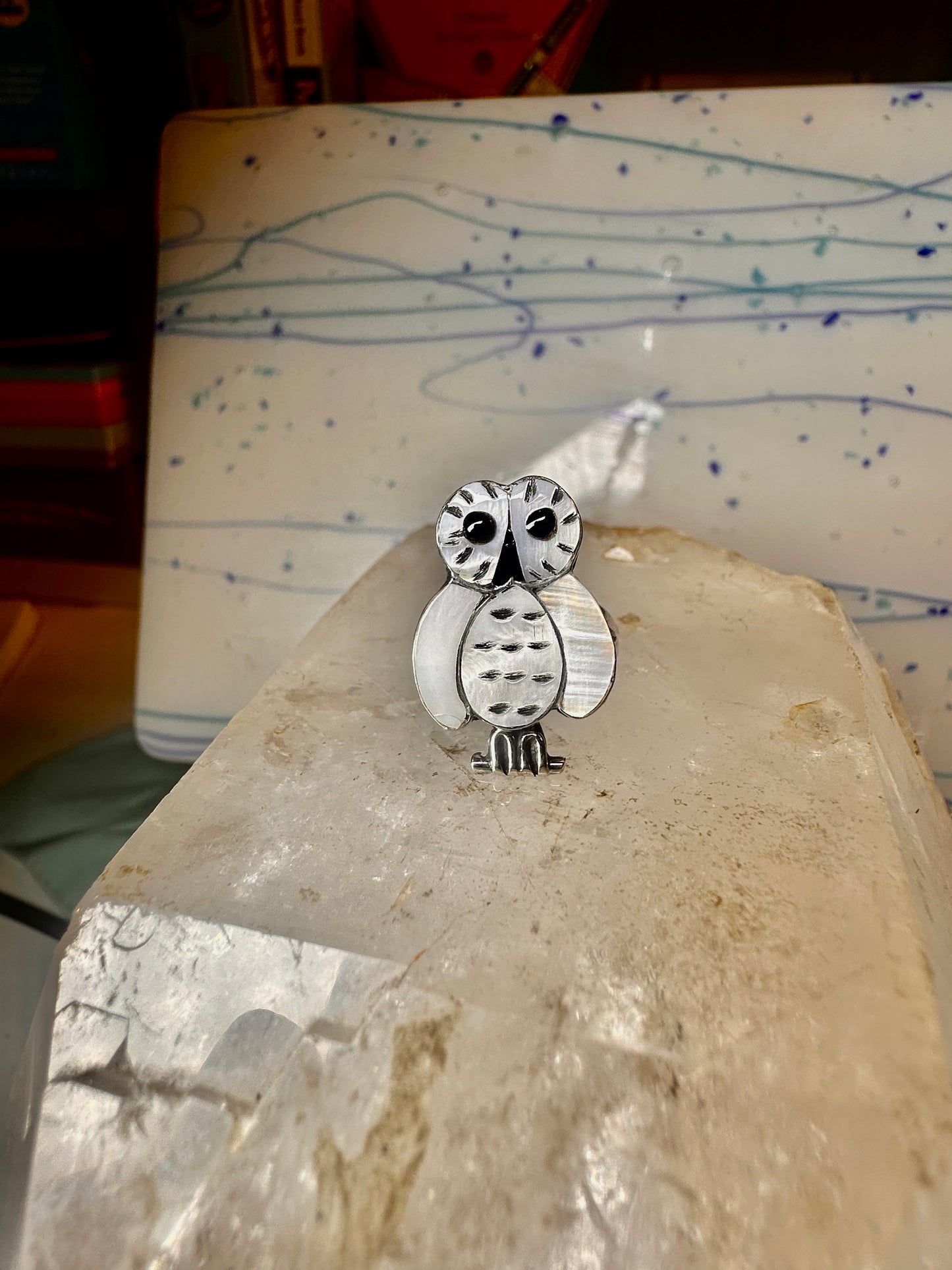 Owl ring snowy Zuni Mother of pearl size 6.5 by Reginda Kallestewa sterling silver