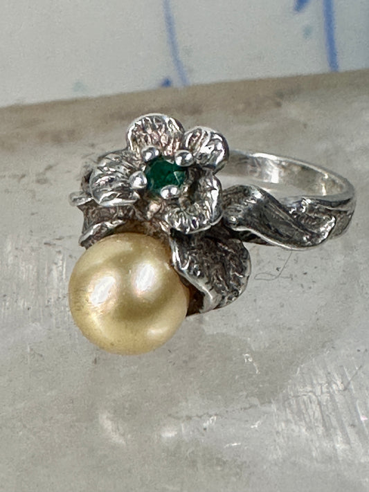 Flower ring Freshwater Pearl band green stone Art Deco Size 5 Sterling Silver women