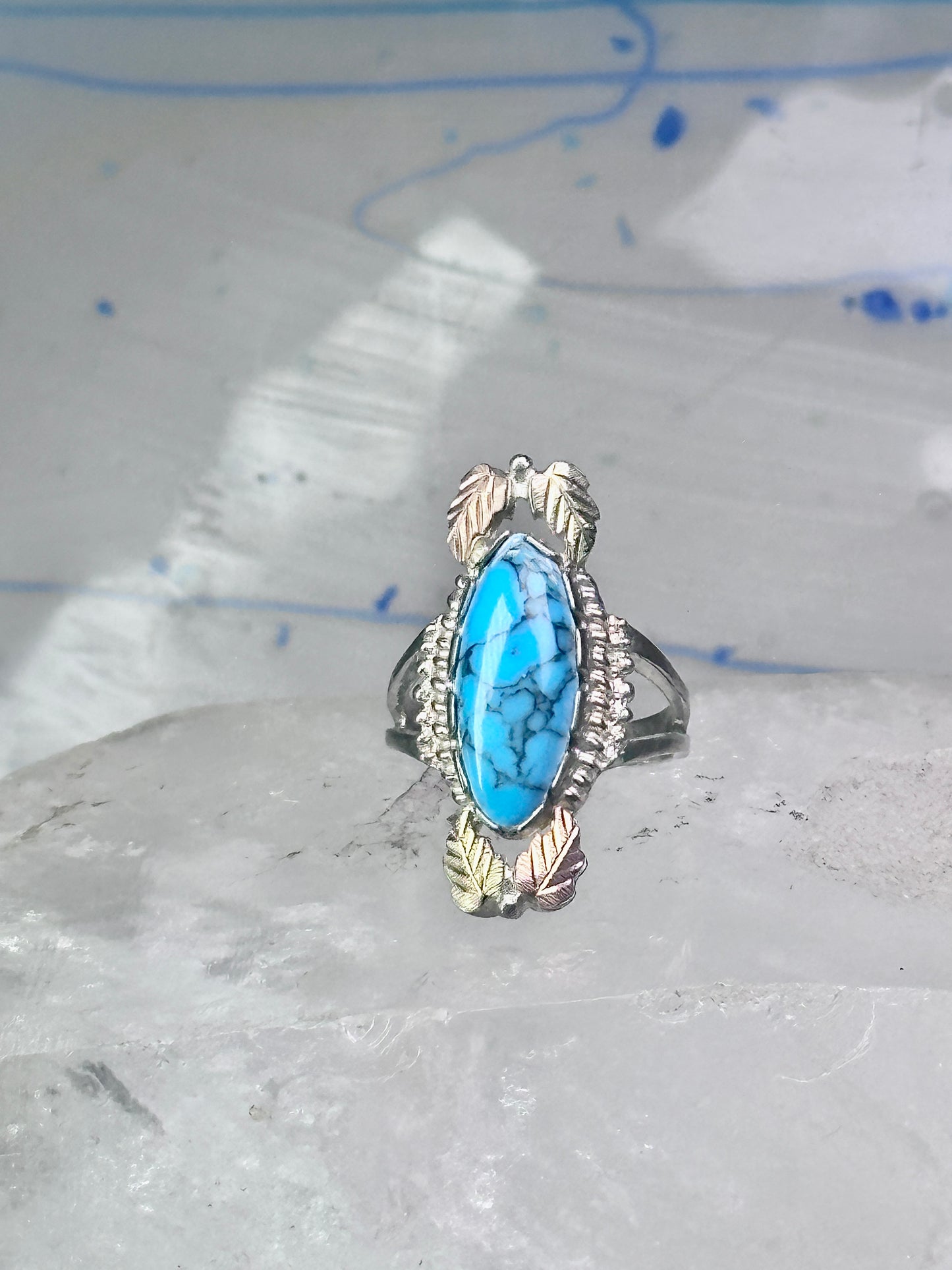 Black Hills Gold Ring long turquoise leaves band size 7.50 sterling silver women girls