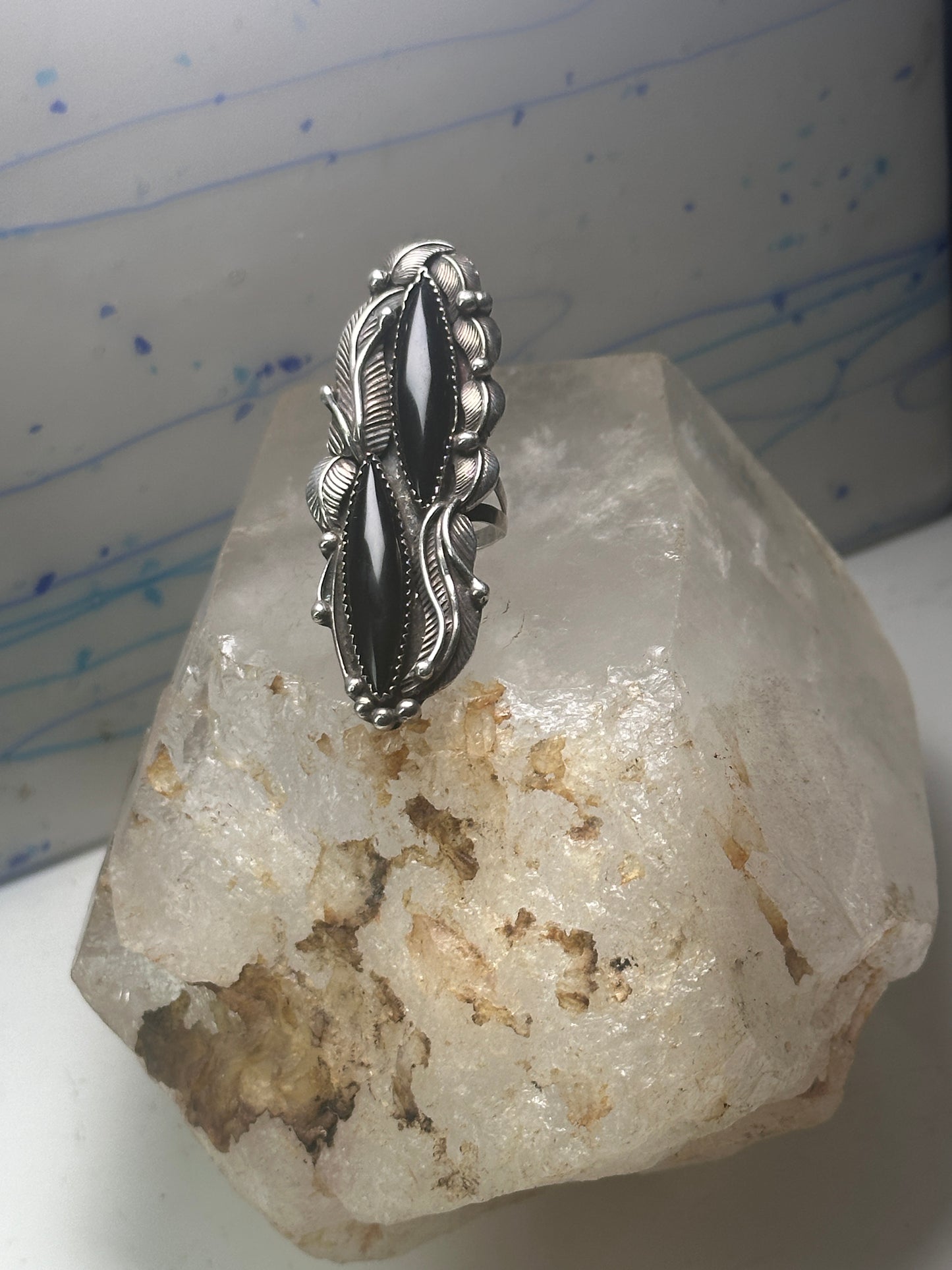 Navajo ring long onyx size 6.25 sterling silver women