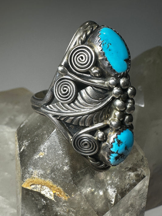 Navajo ring Turquoise leaves spirals floral heavy band size 11 sterling silver women men