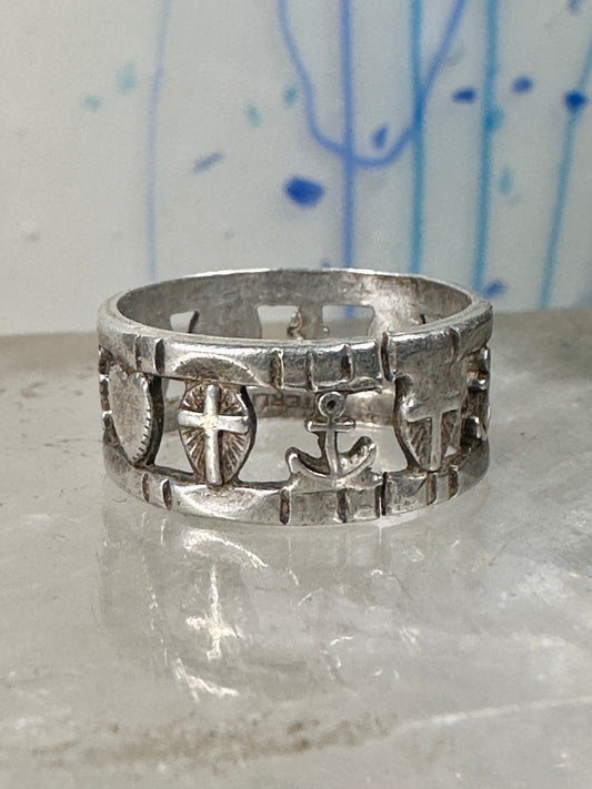 Antique Hope Ring Charity Faith Cross Anchor Heart Band Sterling Silver AS IS