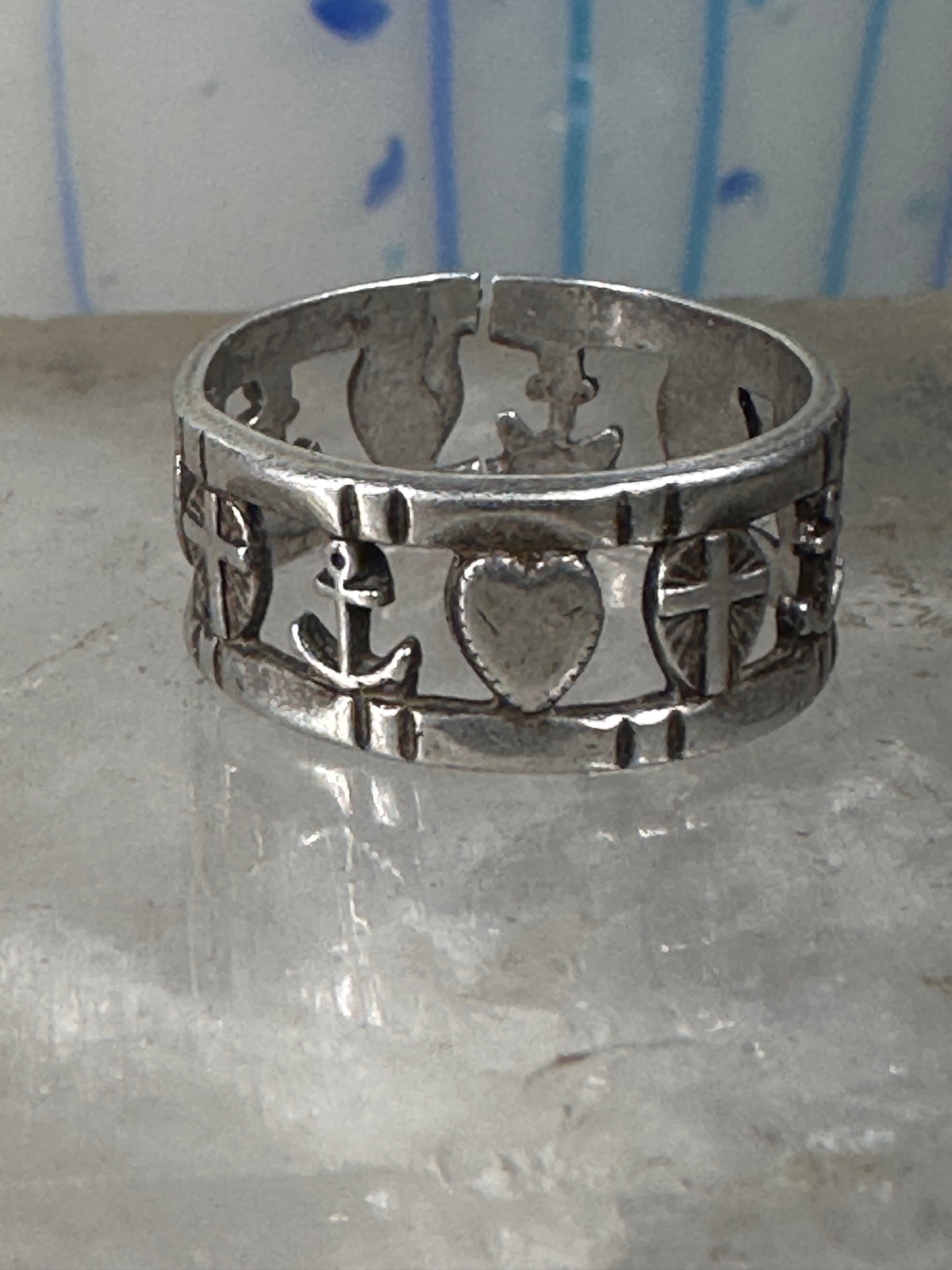 Antique Hope Ring Charity Faith Cross Anchor Heart Band Sterling Silver AS IS