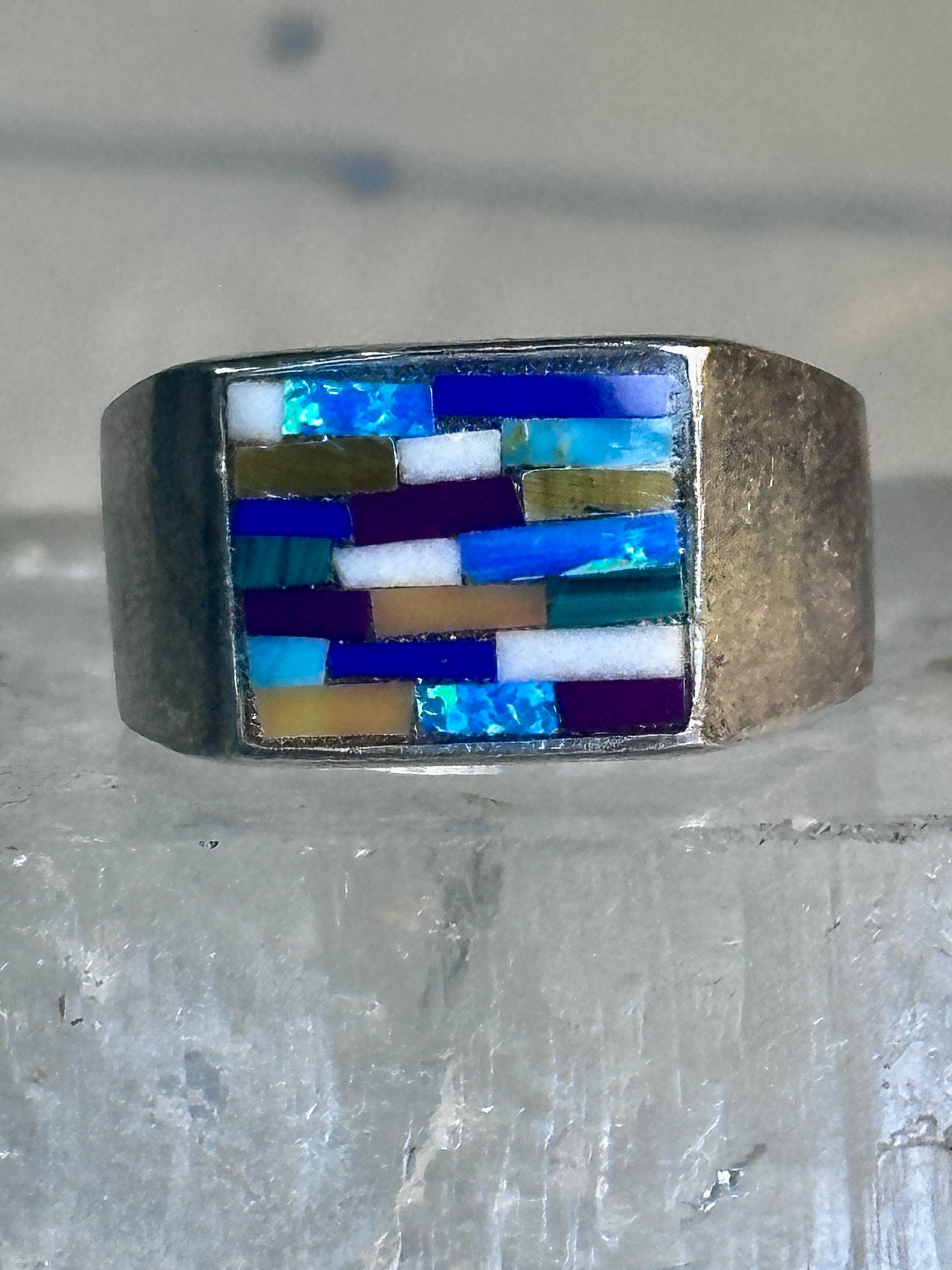 Zuni ring opals ? inlay band with blue stones size 6.7 sterling silver women men