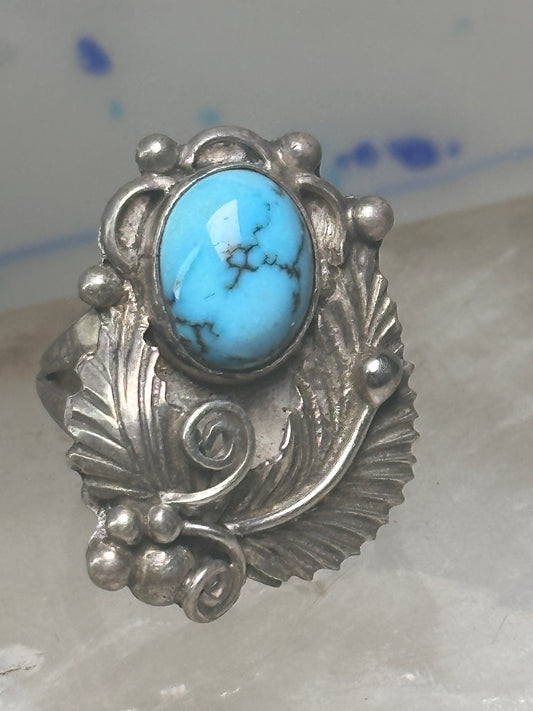 Navajo ring long leaves turquoise signed EP size 5.75 sterling silver women